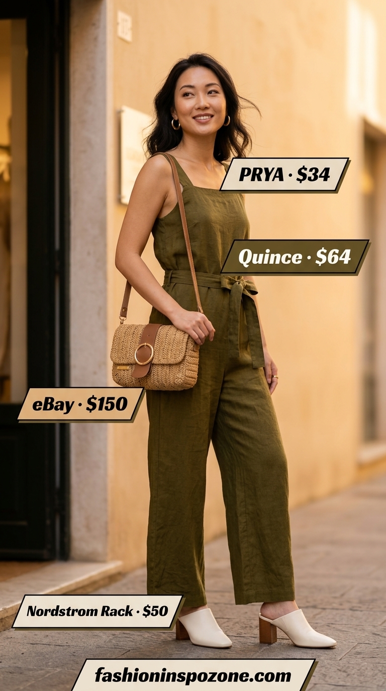 Italian linen summer outfits for women 2026: Olive green linen jumpsuit with cream mules and straw bag.