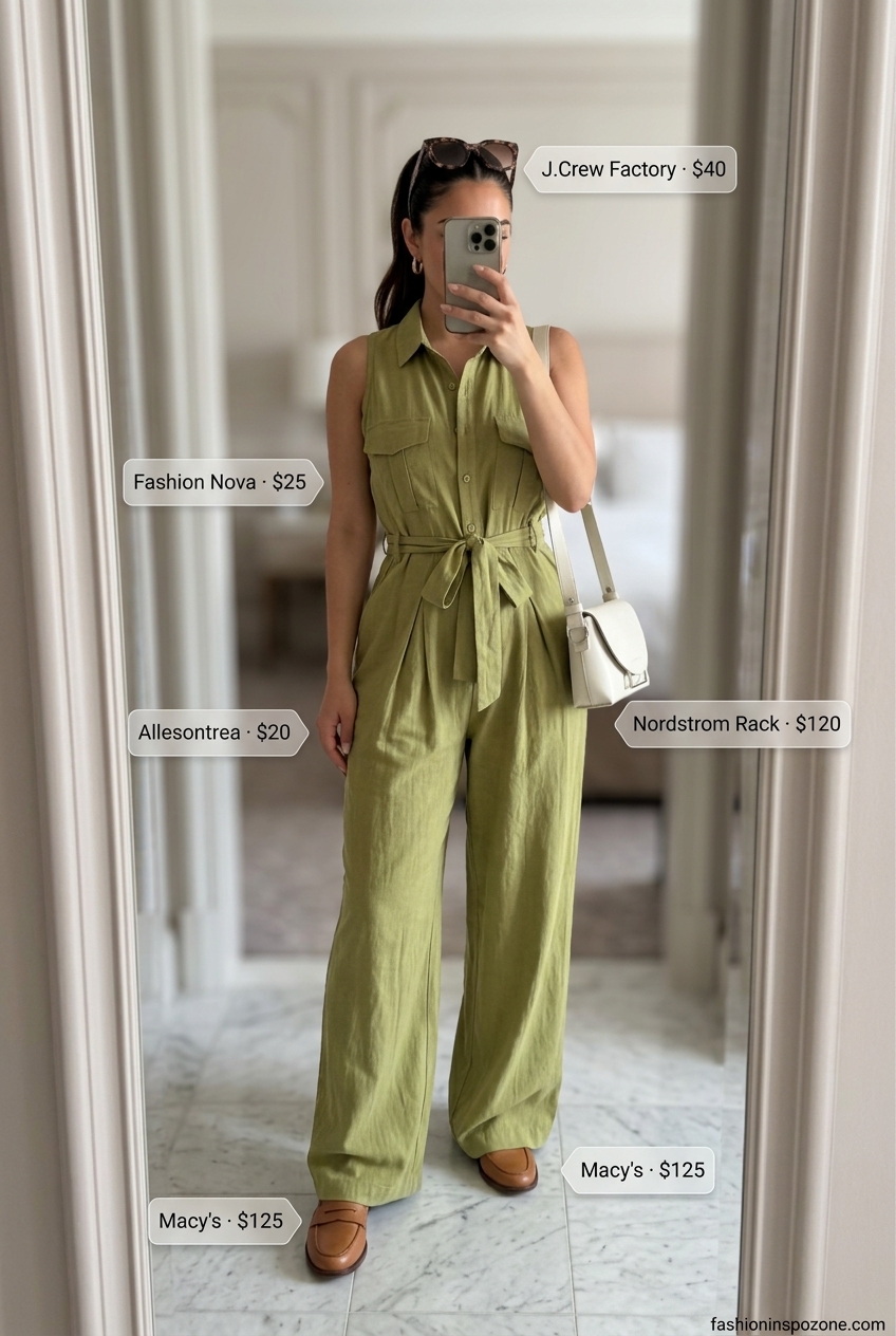 Olive green linen jumpsuit with tan loafers for Italian linen summer outfits for women 2026.