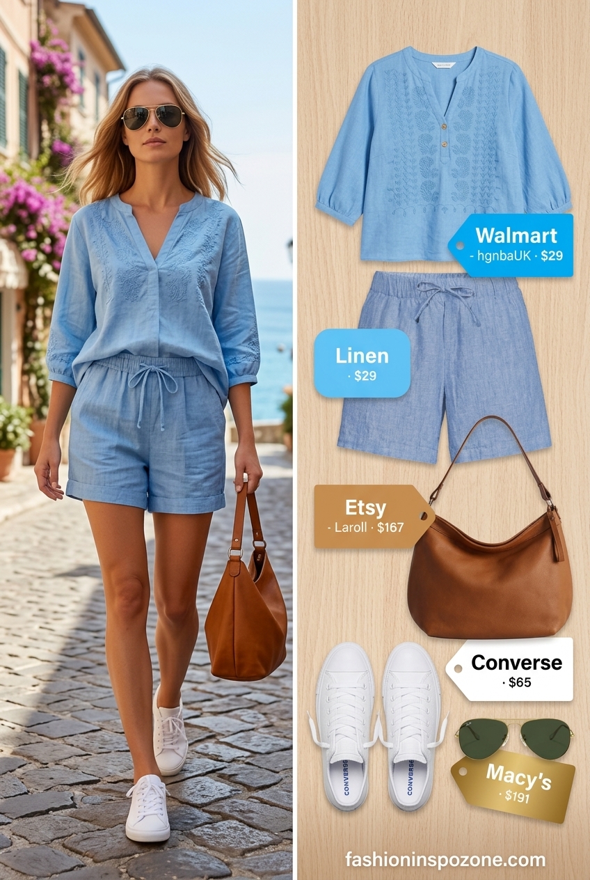 Italian linen summer outfits for women 2026: Sky blue linen set with white sneakers and aviator sunglasses.