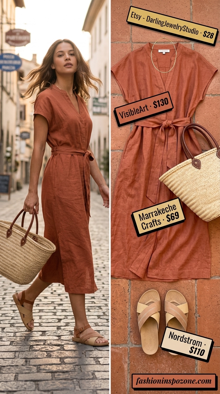 Italian linen summer outfits for women 2026: Terracotta linen shirt dress with straw tote and gold necklace.