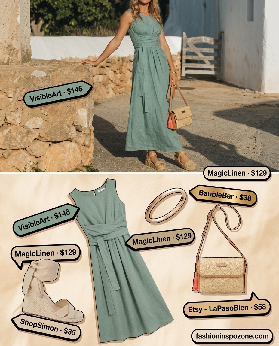 Terracotta linen midi dress with leather espadrilles for Italian linen summer outfits for women 2026.
