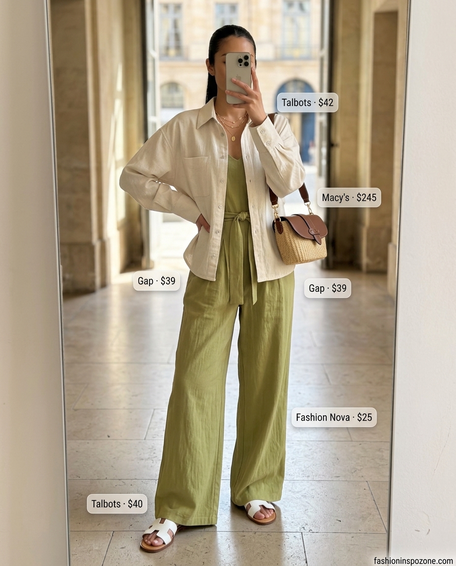 Creamy white linen cropped shirt and wide-leg pants set for Italian linen summer outfits for women 2026.