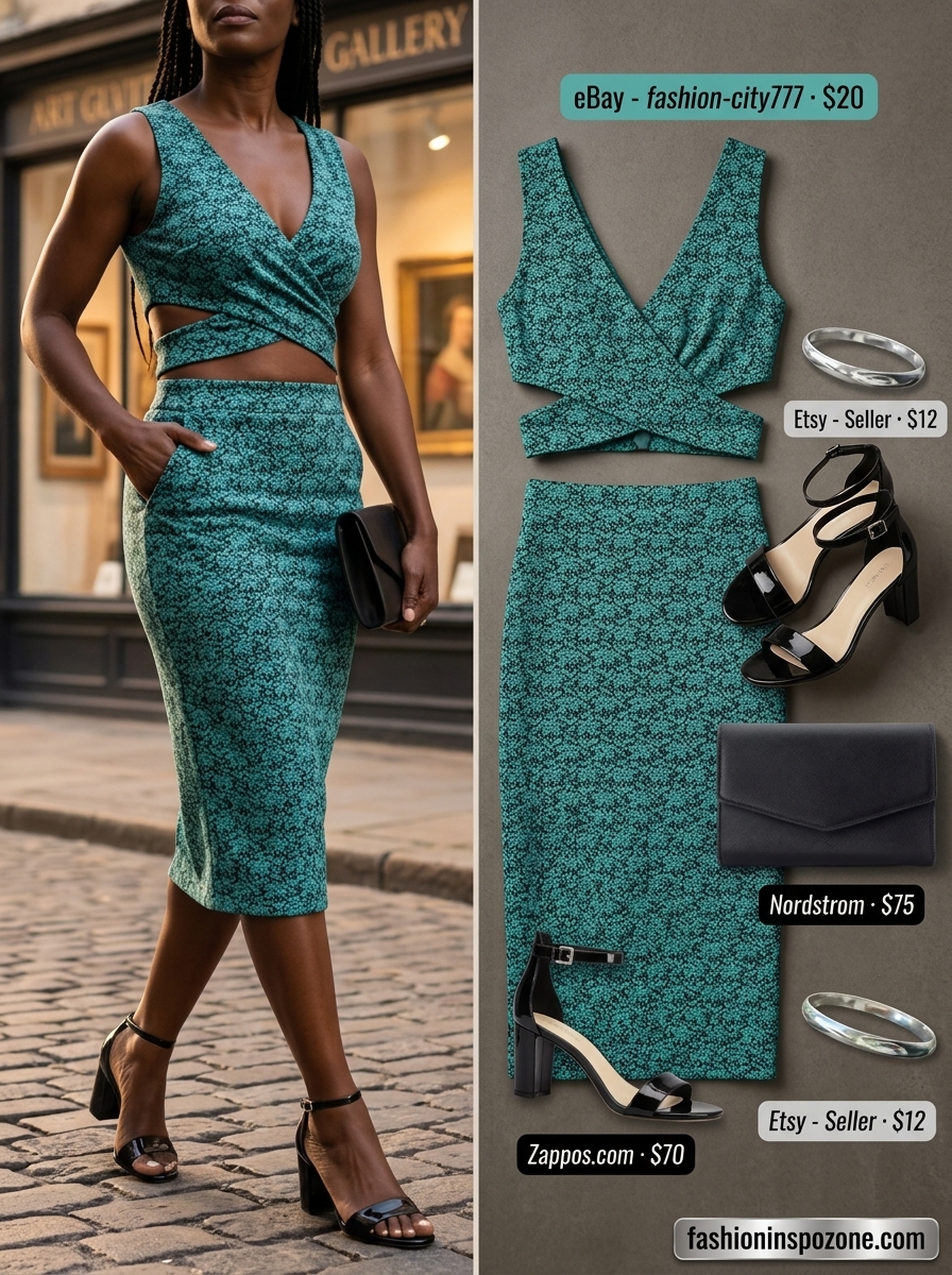 Summer Party Matching Set 2026 Melanin summer outfits black woman 2026: Teal abstract print matching set for summer party.