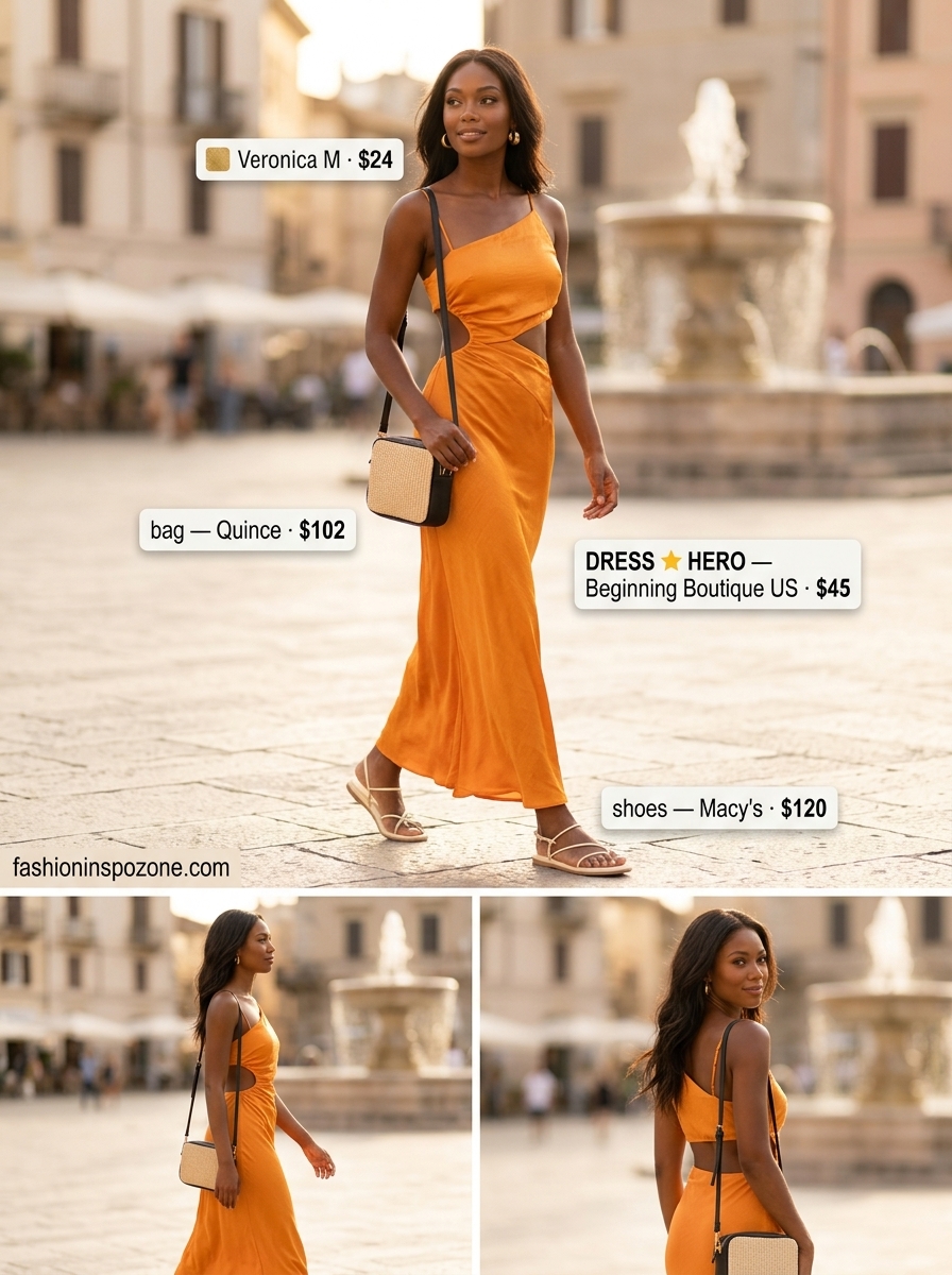 Amber Glow Maxi Dress | Melanin Summer Outfits 2026 Melanin summer outfits black woman 2026: Vibrant amber orange maxi dress for vacation resort wear.