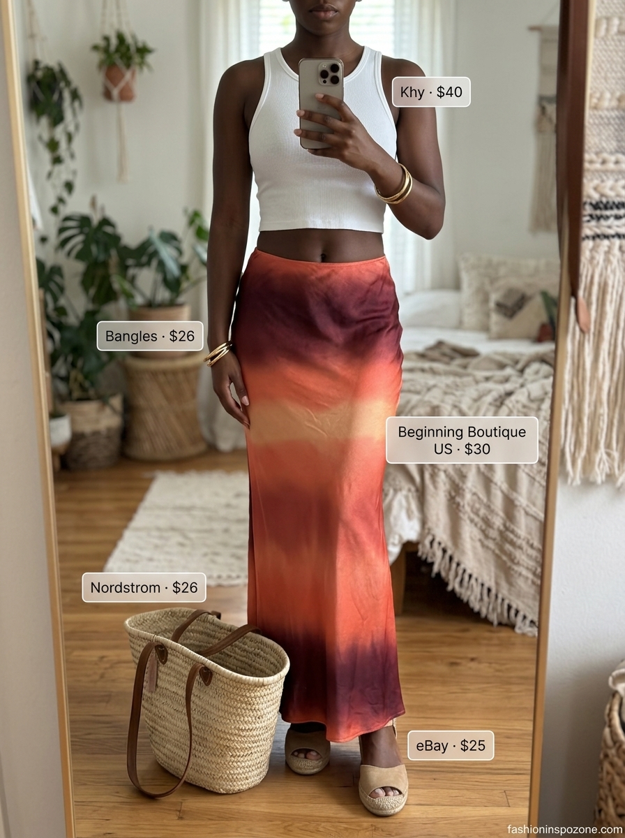 Melanin Summer Outfits Black Woman 2026: Beach Maxi Skirt Style Melanin summer outfits black woman 2026: Bohemian maxi skirt, white crop top, espadrilles for beach evening.