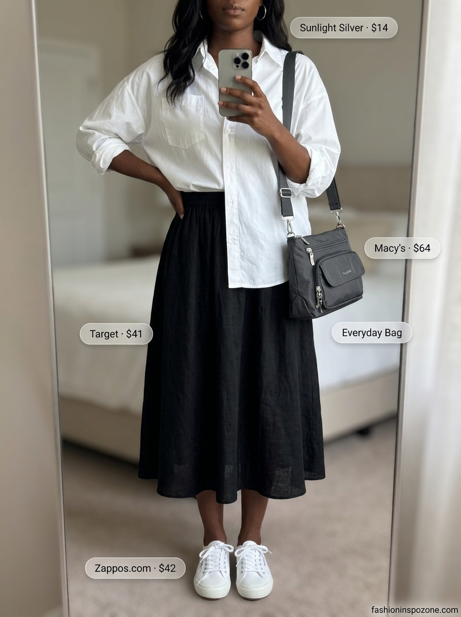 Casual Weekend Skirt Outfit 2026 Melanin summer outfits black woman 2026: Black midi skirt with white oversized shirt for casual weekend.