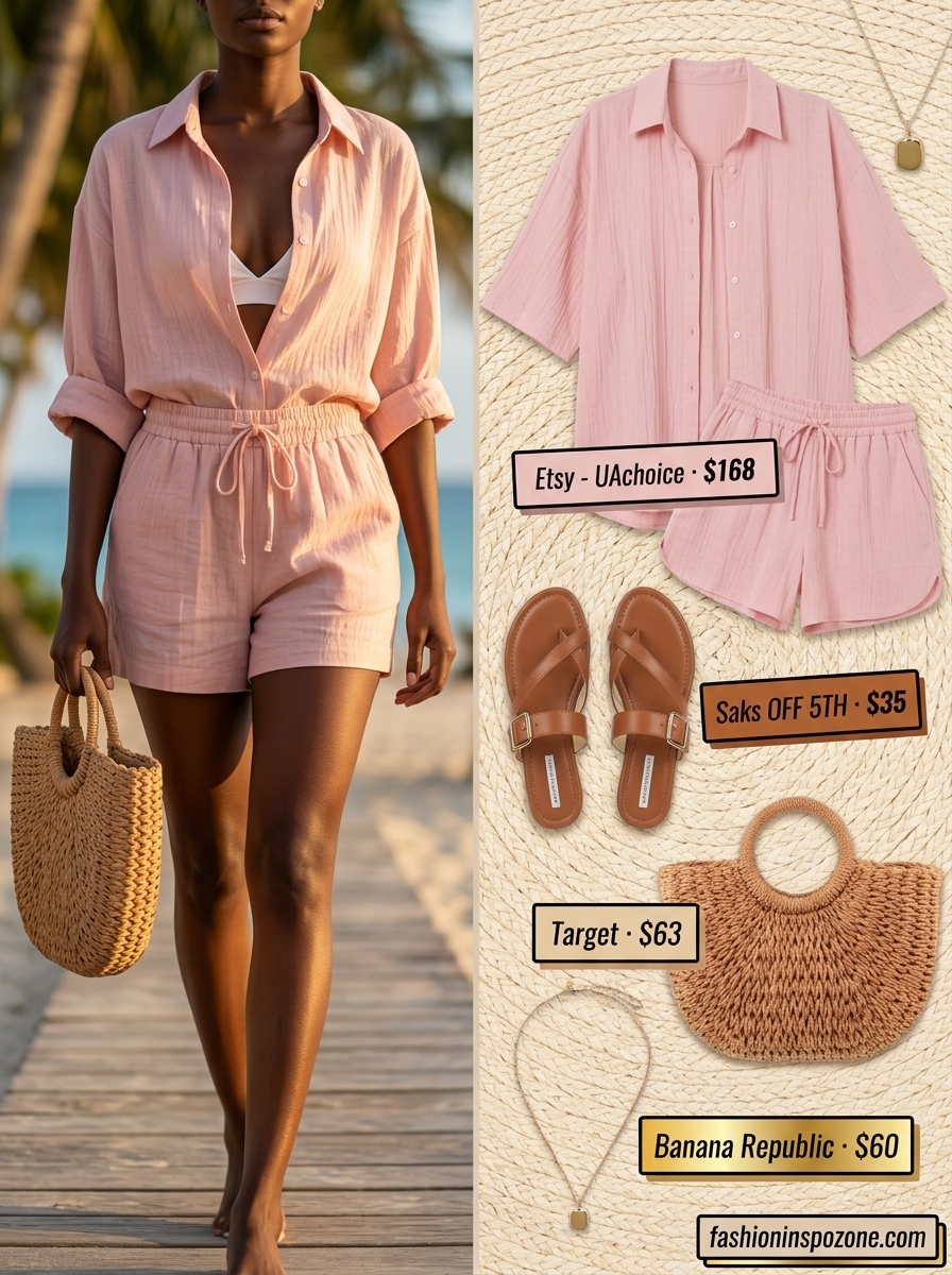 Effortless Summer Linen Set | Melanin Summer Outfits 2026 Melanin summer outfits black woman 2026: Chic blush pink linen set with straw bag and leather sandals.