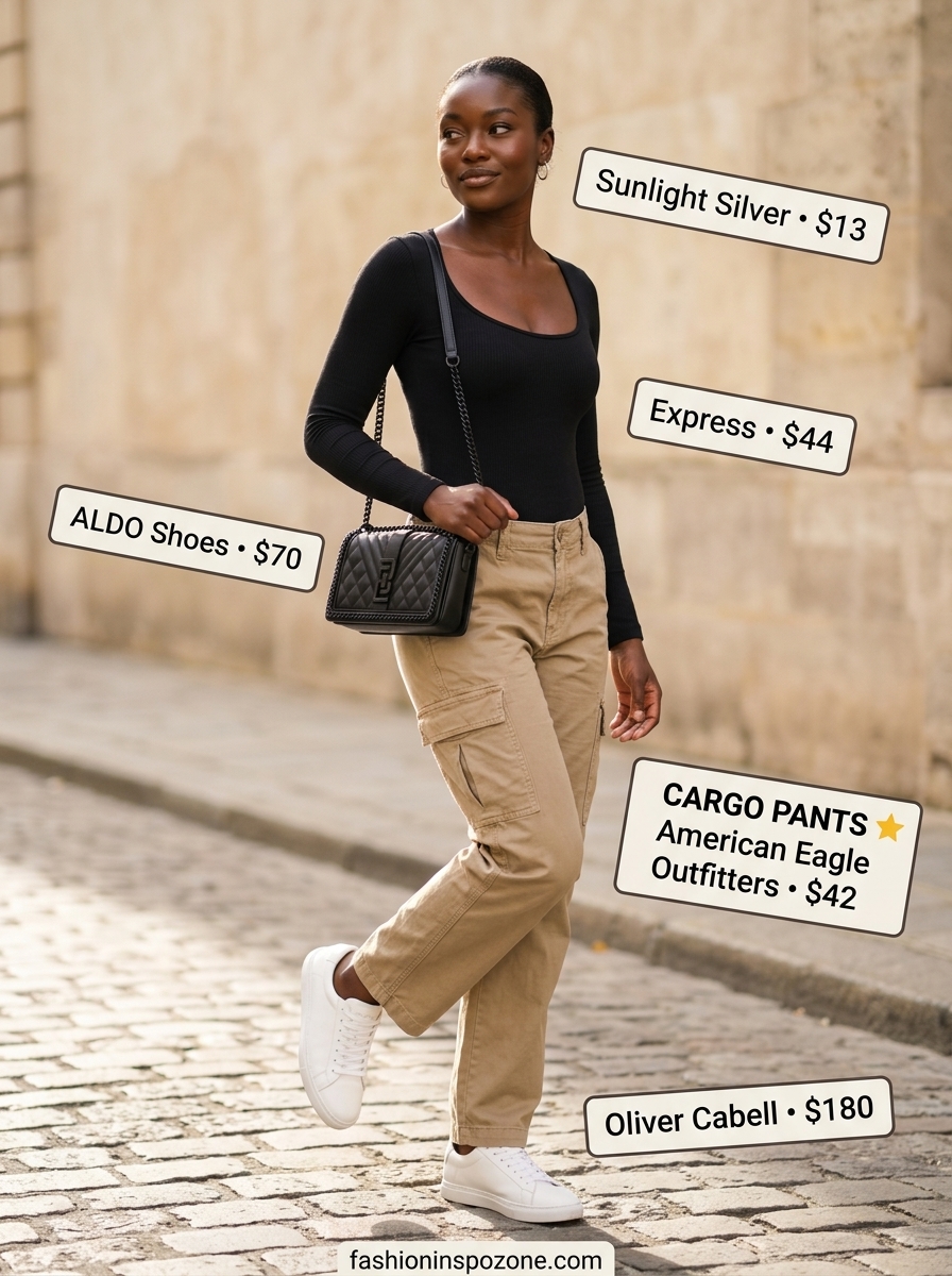 Melanin Summer Outfits Black Woman 2026: Cargo Pants & Bodysuit Melanin summer outfits black woman 2026: Cargo pants, bodysuit, sneakers for casual day out.