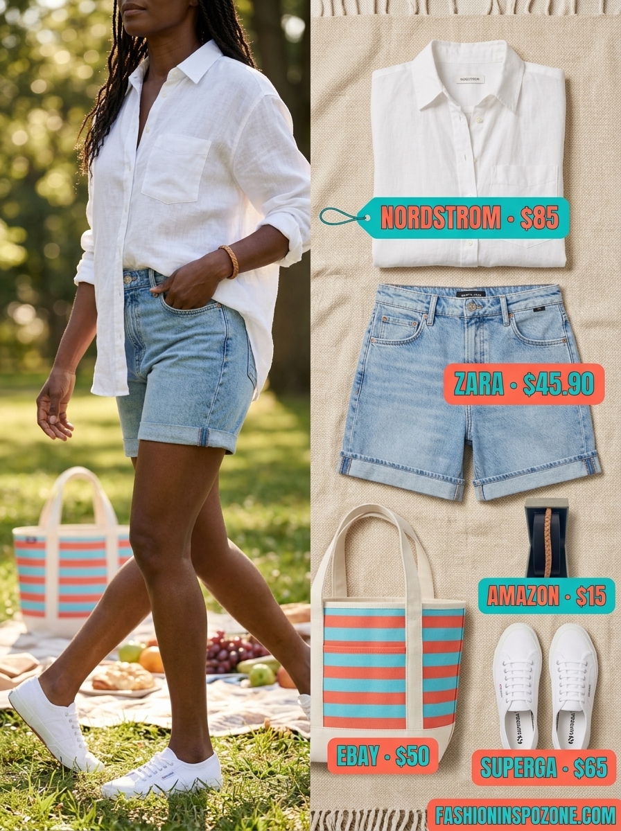 Melanin Summer Outfits Black Woman 2026: Casual Picnic Shorts Melanin summer outfits black woman 2026: Casual denim shorts, linen shirt, canvas sneakers for picnic.