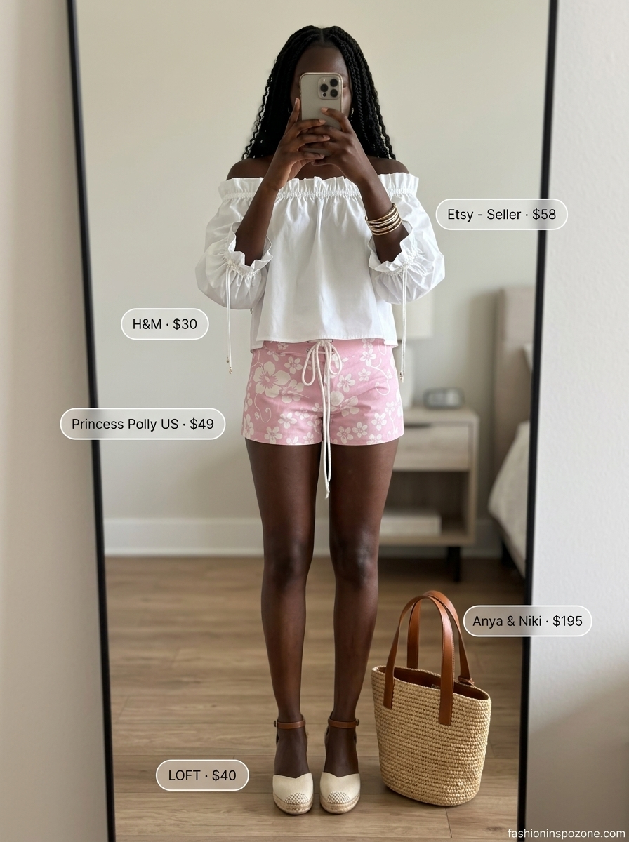 Beach Gathering Outfit 2026 Melanin summer outfits black woman 2026: Coral pink floral shorts with white off-the-shoulder blouse for beach gathering.