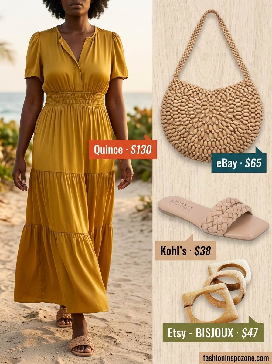 Summer Evening Maxi Dress 2026 Melanin summer outfits black woman 2026: Gold tiered maxi dress with wooden bangles for summer evening.