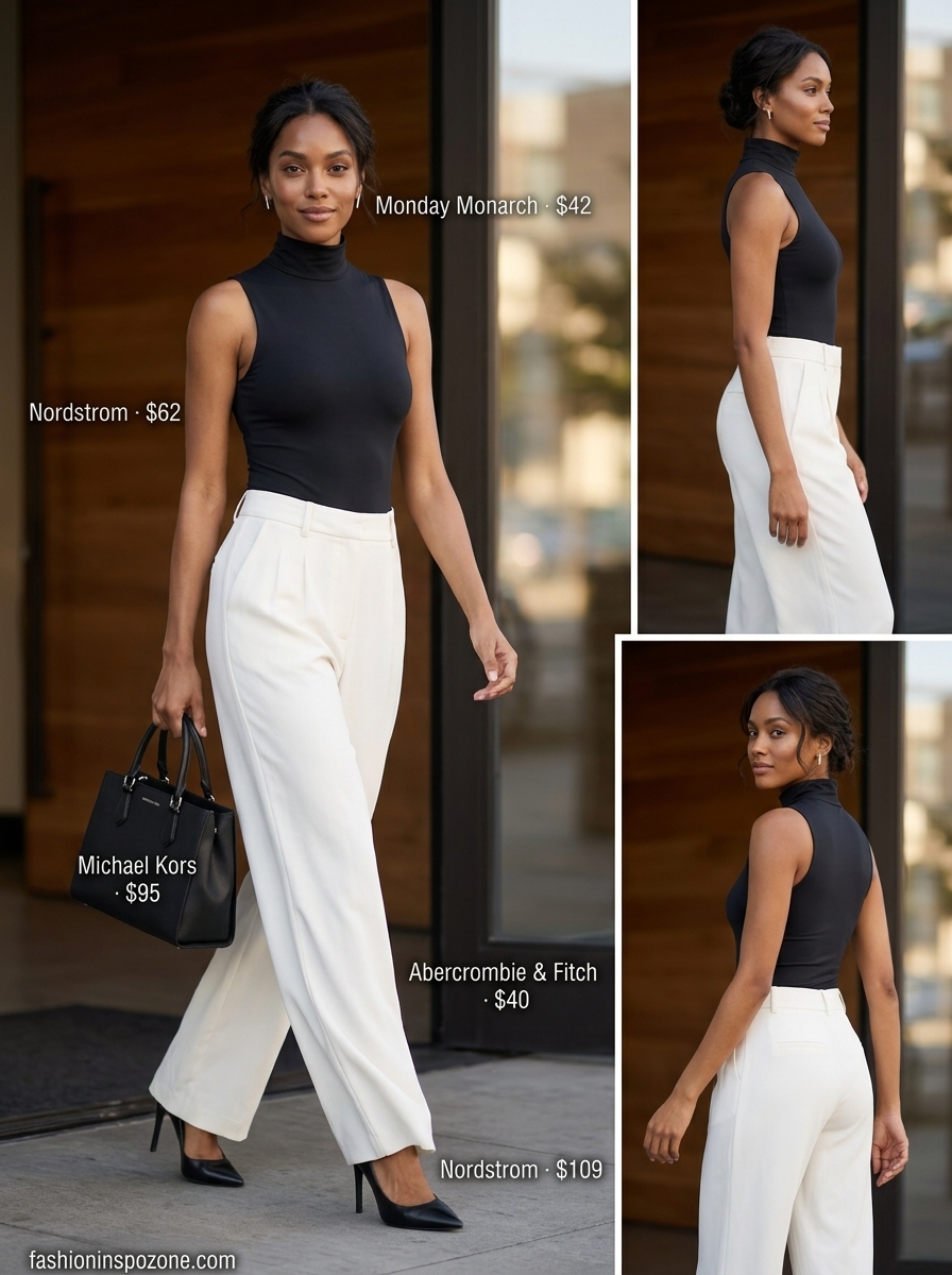 Melanin Summer Outfits Black Woman 2026: Ivory Wide-Leg Trousers Melanin summer outfits black woman 2026: Ivory wide-leg trousers, mock neck bodysuit for office.