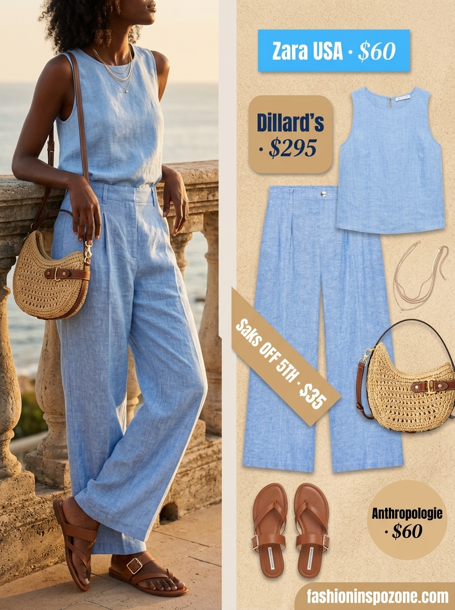 Melanin Summer Outfits Black Woman 2026: Linen Palazzo Set Melanin summer outfits black woman 2026: Linen palazzo pants set, slide sandals for summer evening.