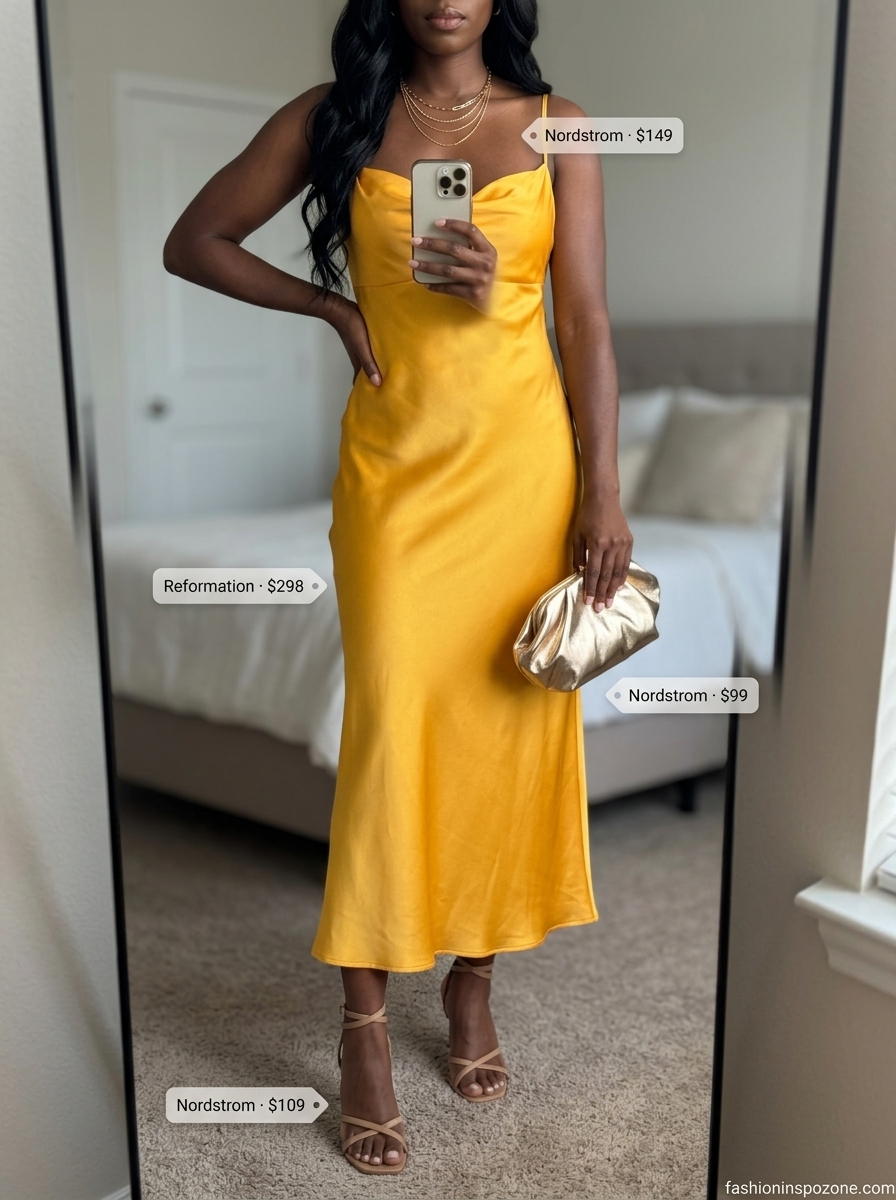 Golden Hour Glow Maxi Dress | Melanin Summer Outfits 2026 Melanin summer outfits black woman 2026: Radiant marigold yellow silk maxi dress for evening events.