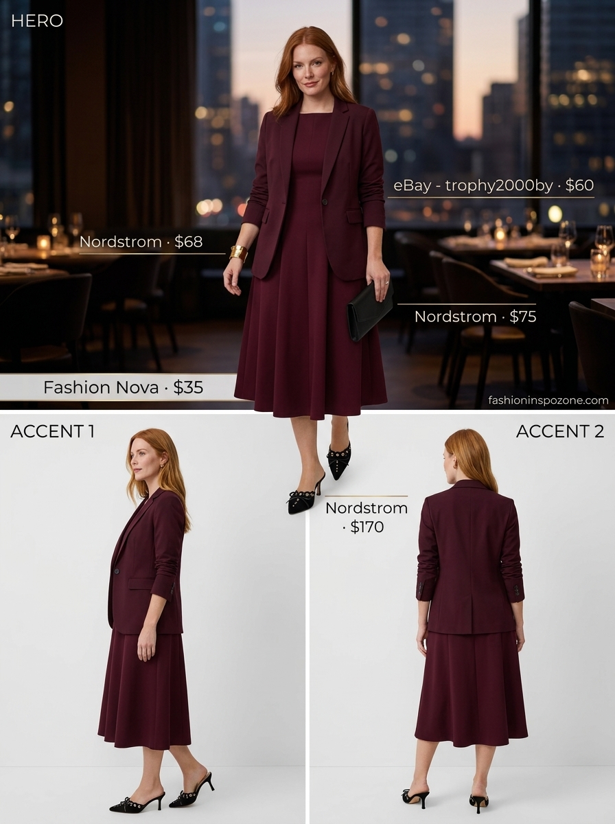 Elegant Burgundy Midi Dress | Melanin Summer Outfits 2026 Melanin summer outfits black woman 2026: Elegant burgundy midi dress with blazer for evening events.