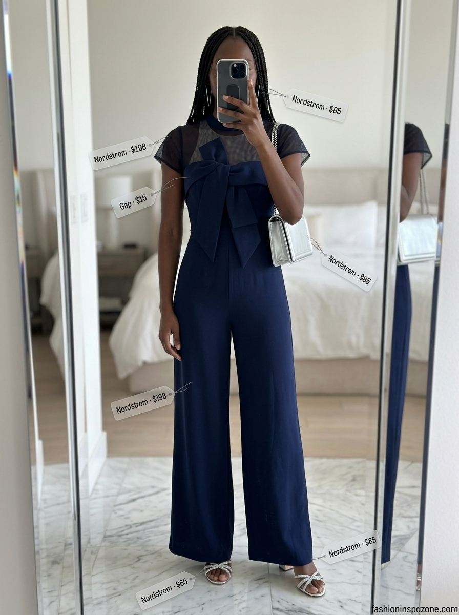 Cocktail Party Jumpsuit 2026 Melanin summer outfits black woman 2026: Navy blue wide-leg jumpsuit for cocktail party.