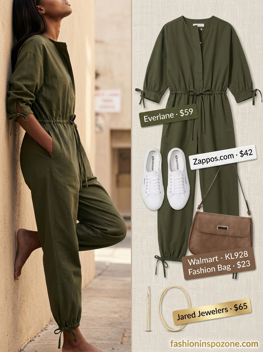 Weekend Getaway Jumpsuit 2026 Melanin summer outfits black woman 2026: Olive green utility jumpsuit with white sneakers for weekend outing.