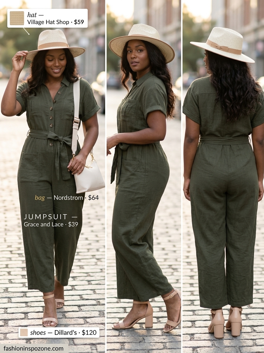 Effortless Utility Jumpsuit | Melanin Summer Outfits 2026 Melanin summer outfits black woman 2026: Practical olive green utility jumpsuit with straw hat and sandals.