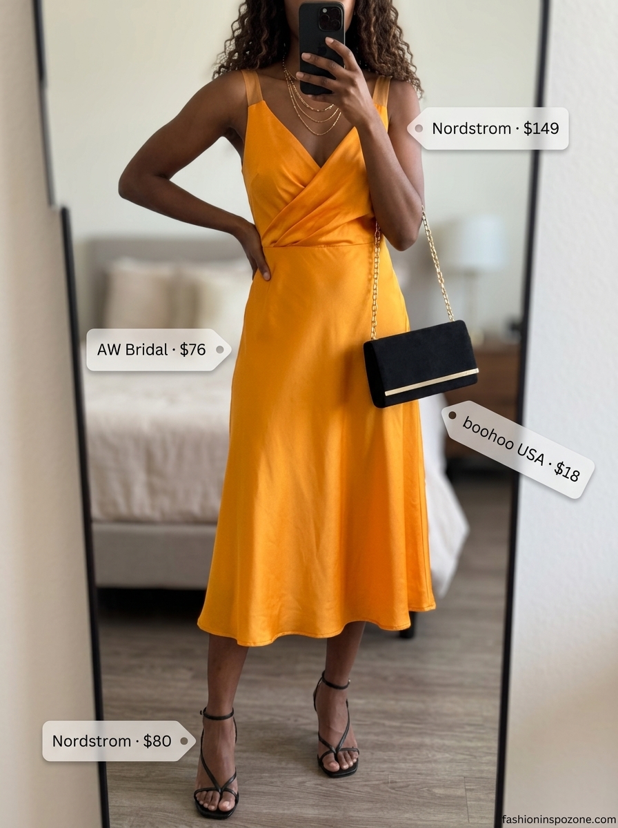 Melanin summer outfits black woman 2026: Orange satin dress, heeled sandals for rooftop cocktails.
