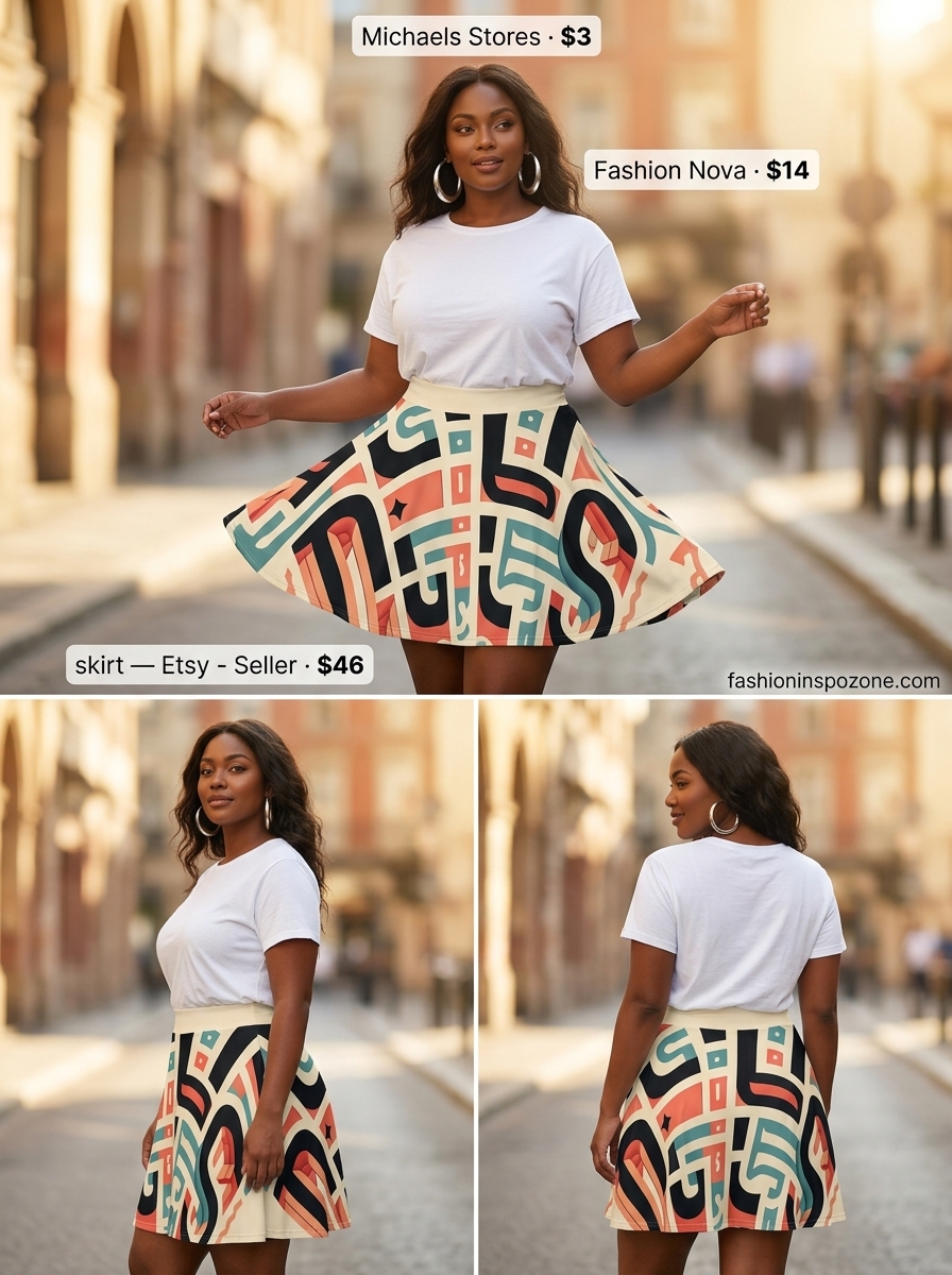 Playful Print Mini Skirt | Melanin Summer Outfits 2026 Melanin summer outfits black woman 2026: Playful multi-color print mini skirt with white tee and sneakers.