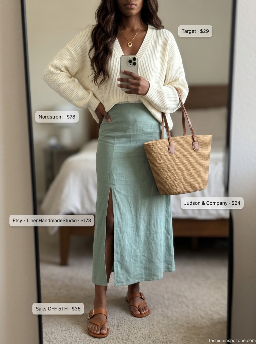 Melanin Summer Outfits Black Woman 2026: Sage Green Set Melanin summer outfits black woman 2026: Sage green two-piece set, cardigan for beach club.