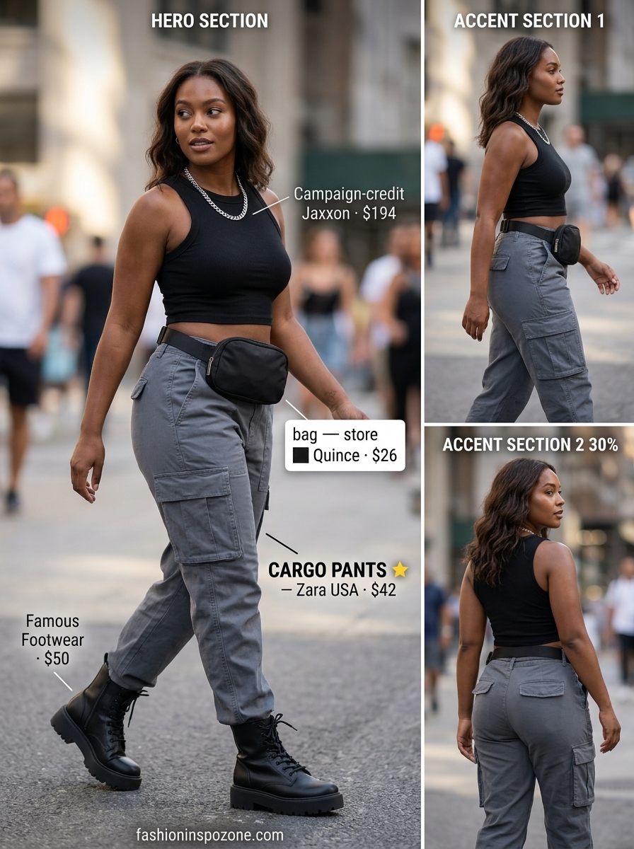 Urban Edge Cargo Pants | Melanin Summer Outfits 2026 Melanin summer outfits black woman 2026: Edgy slate grey cargo pants with cropped tank and combat boots.