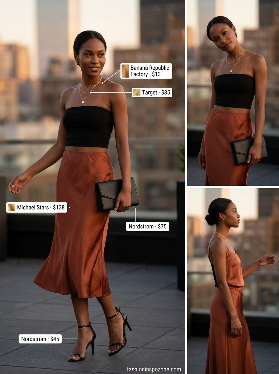 Date Night Slip Skirt Outfit 2026 Melanin summer outfits black woman 2026: Terracotta satin slip skirt with black bandeau top for date night.