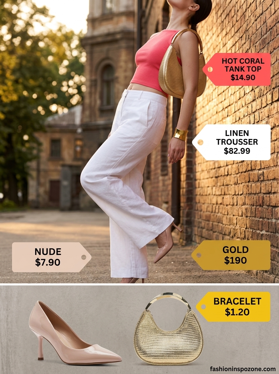 Summer Work Event Outfit 2026 Melanin summer outfits black woman 2026: White linen wide-leg pants with coral pink knit top for summer work event.