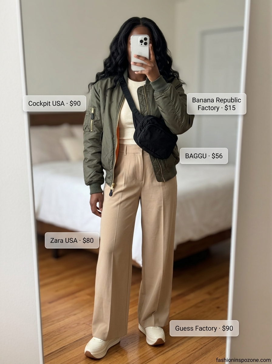 Melanin Summer Outfits Black Woman 2026: Wide-Leg Pants & Bomber Melanin summer outfits black woman 2026: Wide-leg pants, bomber jacket, sneakers for urban exploration.