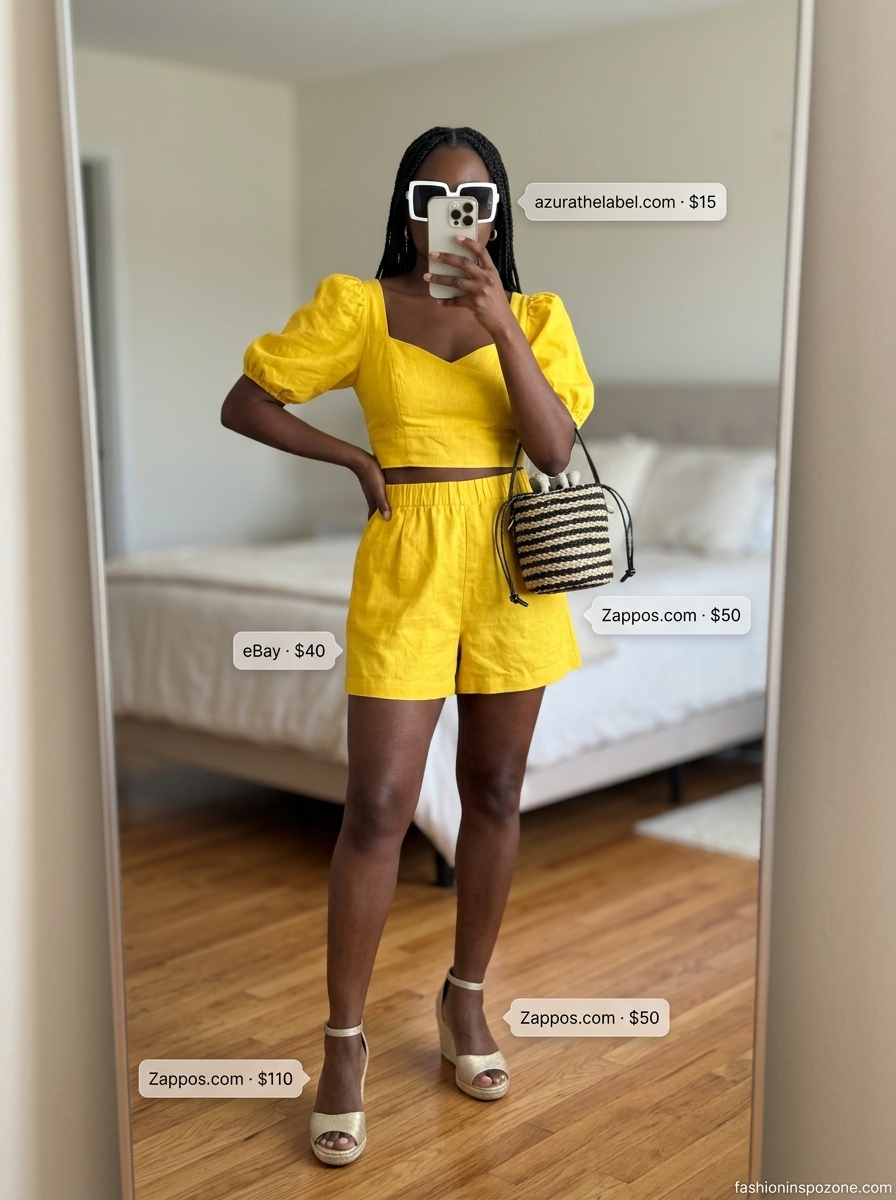 Sunshine Yellow Two-Piece | Melanin Summer Outfits 2026 Melanin summer outfits black woman 2026: Cheerful lemon yellow puff-sleeve set with espadrilles.