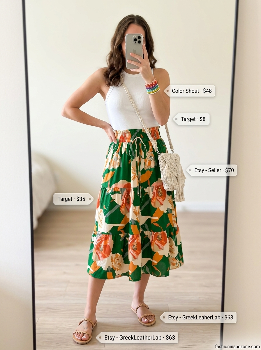 Miami beach summer outfits for women 2026: Boho floral midi skirt with white tank, macrame bag, and leather slides.
