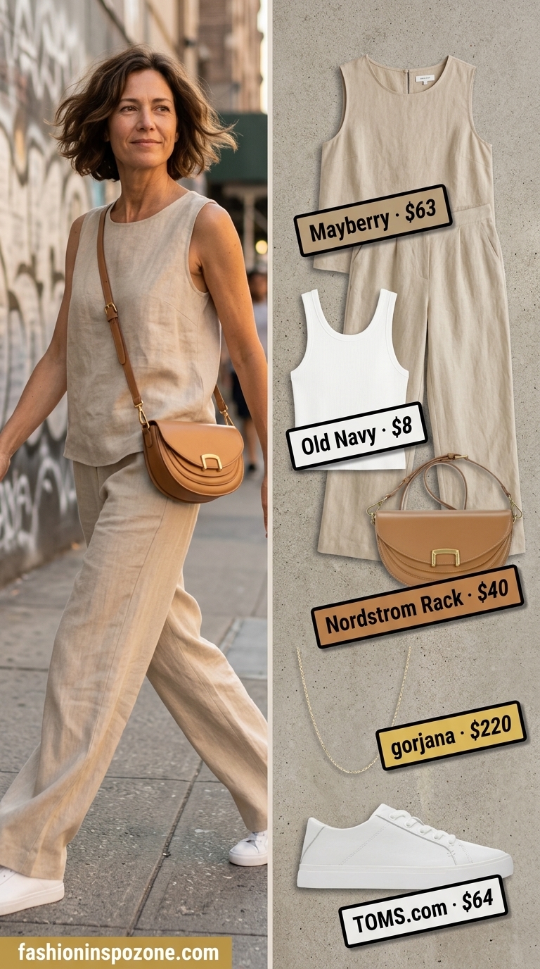 Miami beach summer outfits for women 2026: Beige linen set with white tank, sneakers, and crossbody bag for casual errands.