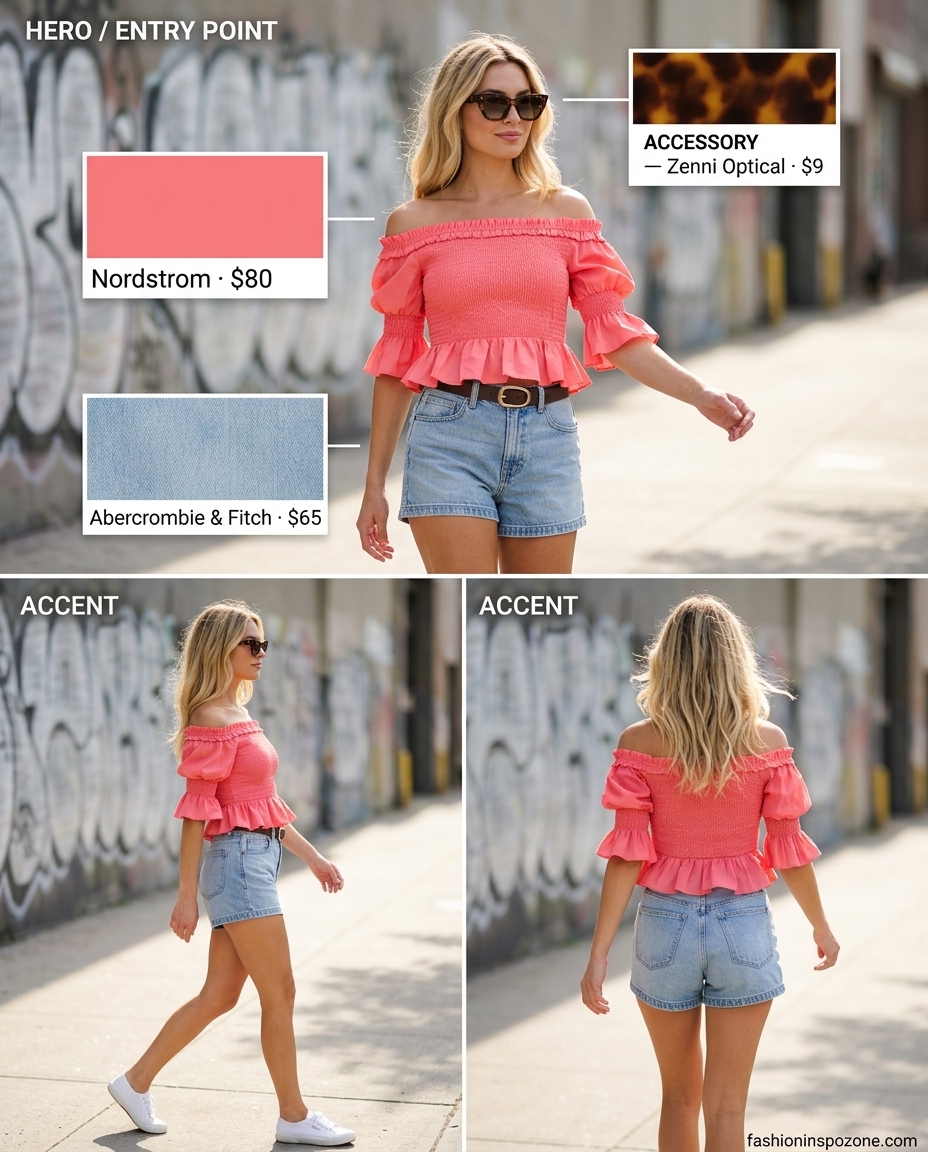 Miami beach summer outfits for women 2026: Off-shoulder crop top with denim shorts and wicker bag.