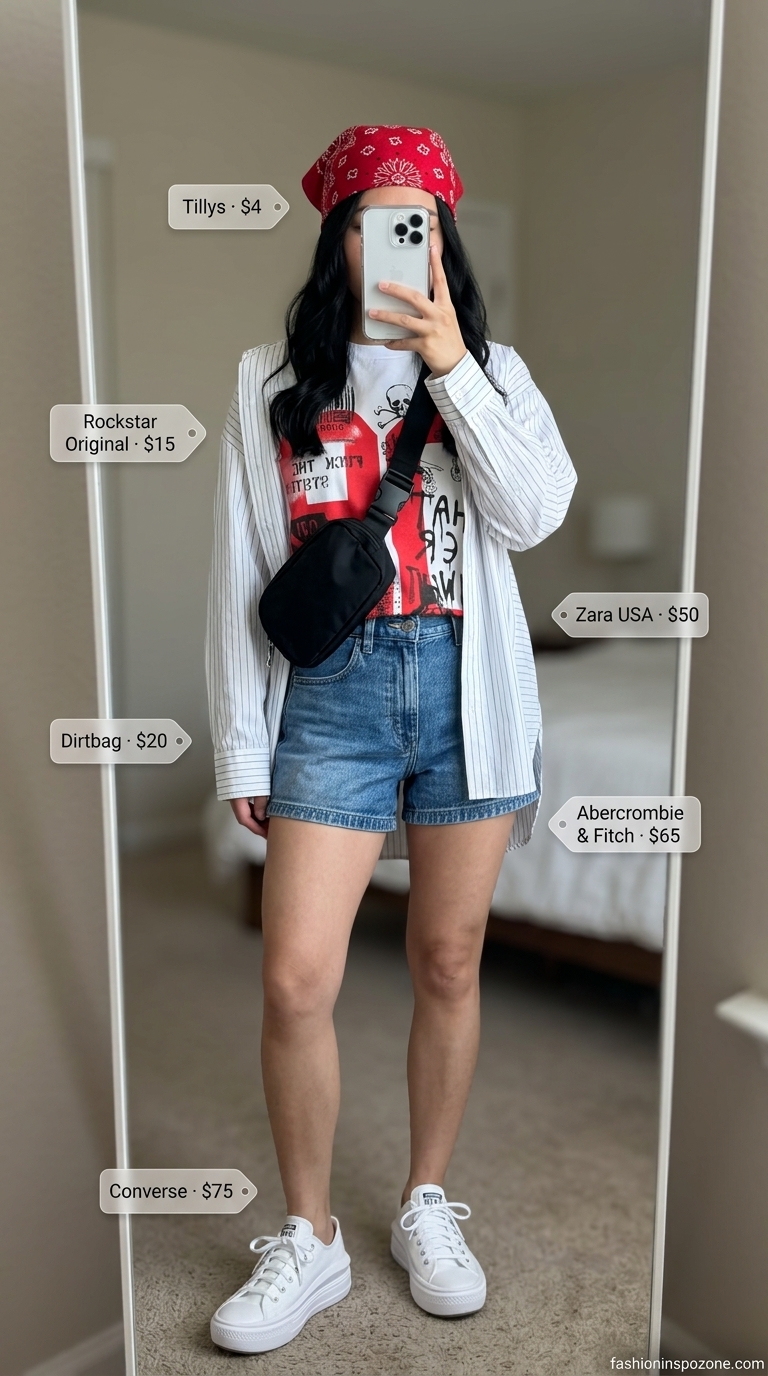 Edgy denim shorts outfit for Miami beach summer outfits for women 2026. Perfect for city exploration and casual shopping.