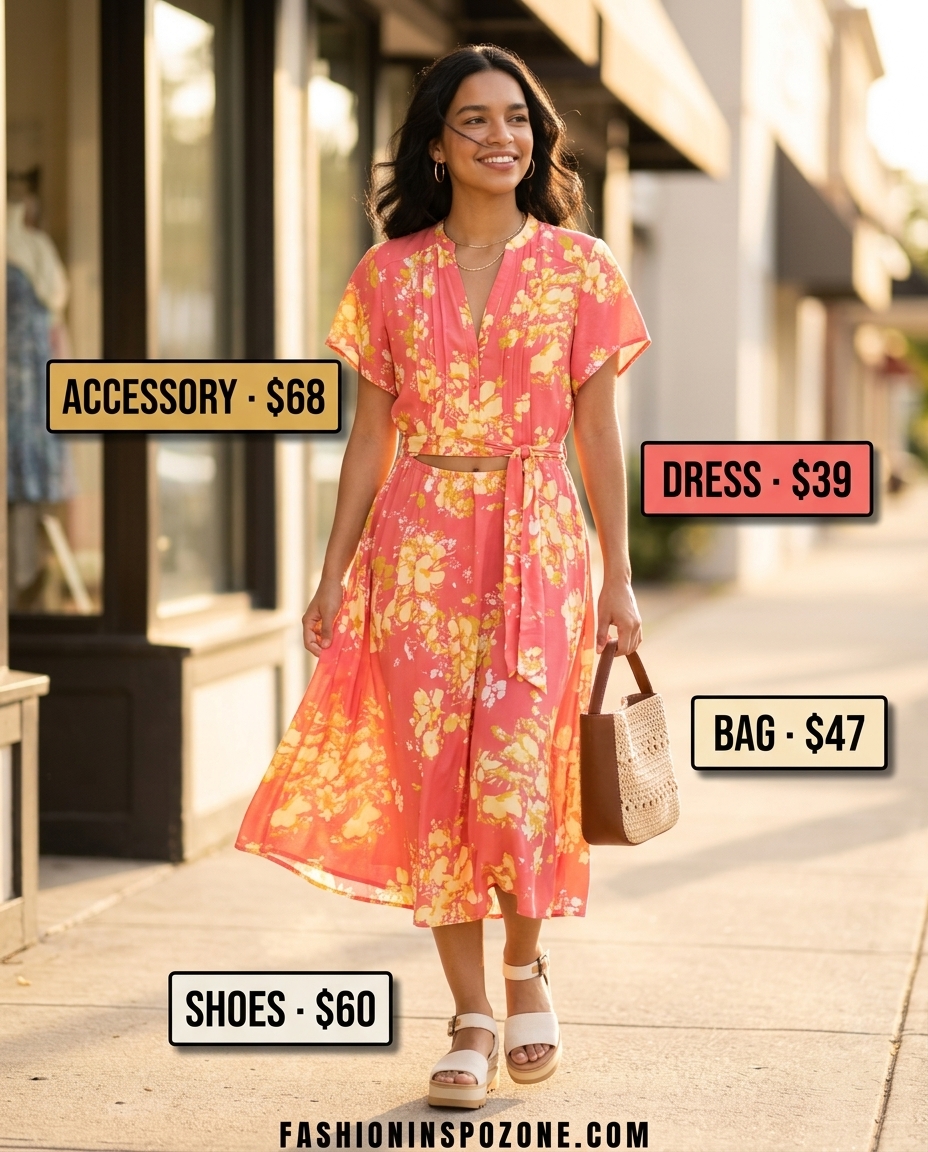 Miami beach summer outfits for women 2026: Pastel floral wrap dress with espadrille wedges and straw bag.