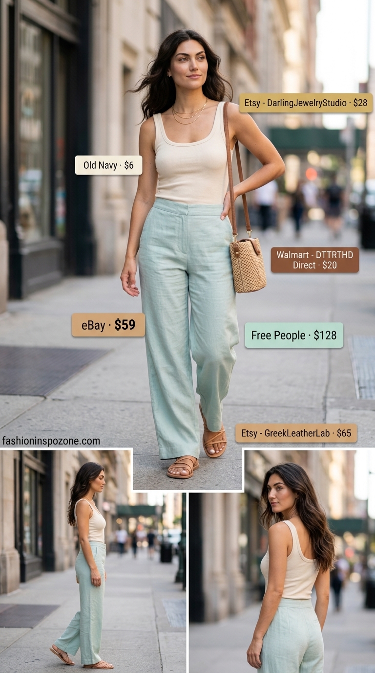 Miami beach summer outfits for women 2026: Seafoam linen pants with cream knit top and straw bag.