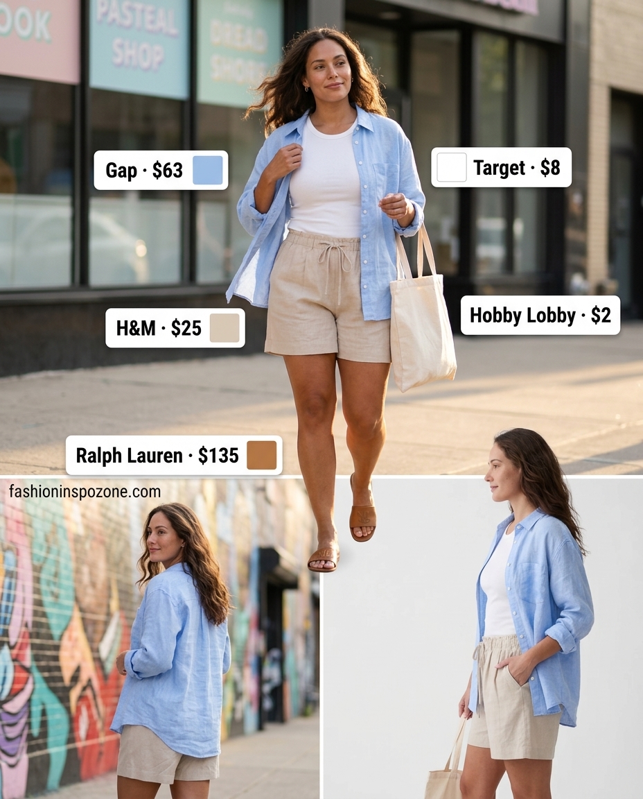 Relaxed linen shorts outfit for Miami beach summer outfits for women 2026. Effortless for beach casual and lunch dates.