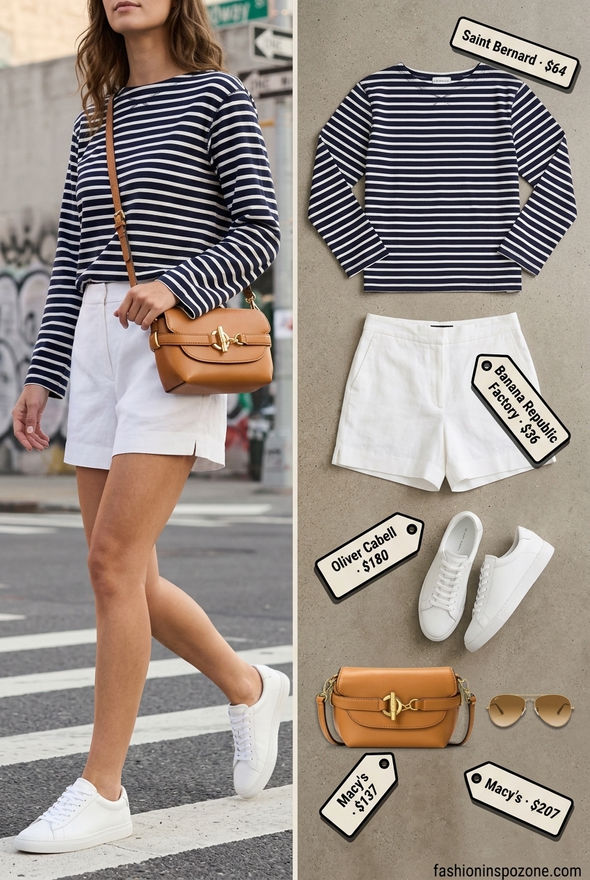 Miami beach summer outfits for women 2026: White linen shorts with striped boatneck top and leather sneakers.