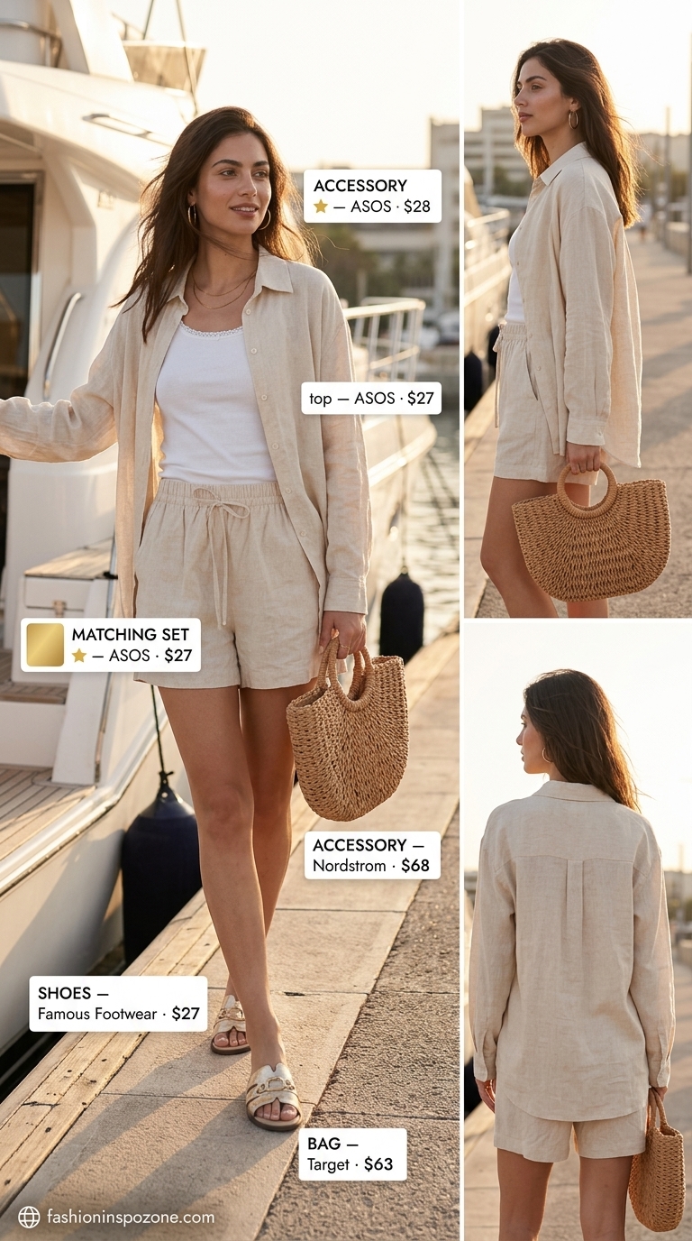 Miami beach summer outfits for women 2026: White linen co-ord set with gold sandals and straw tote for poolside chic.