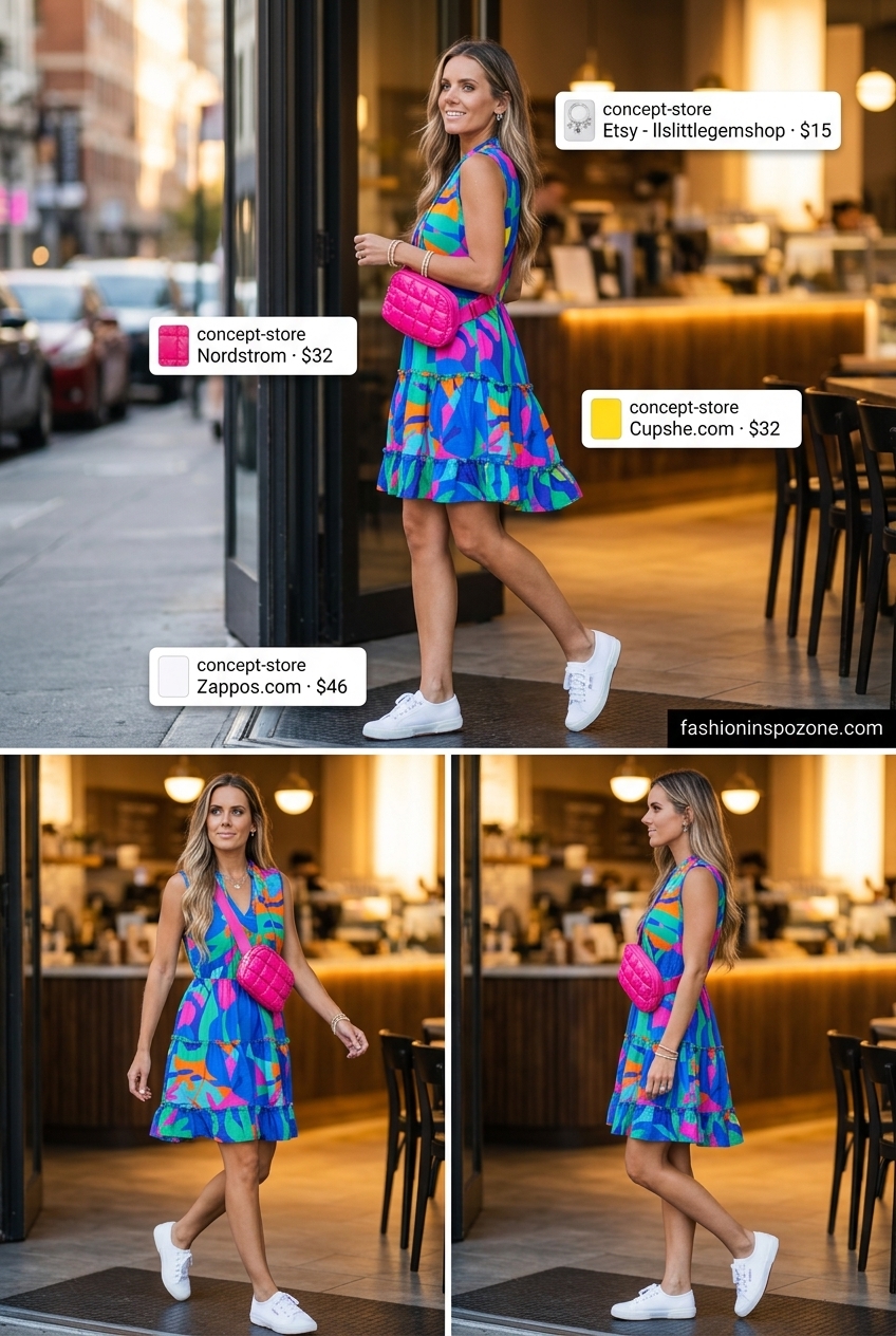 Playful multi-color print mini dress for Miami beach summer outfits for women 2026. Great for city exploration and daytime drinks.