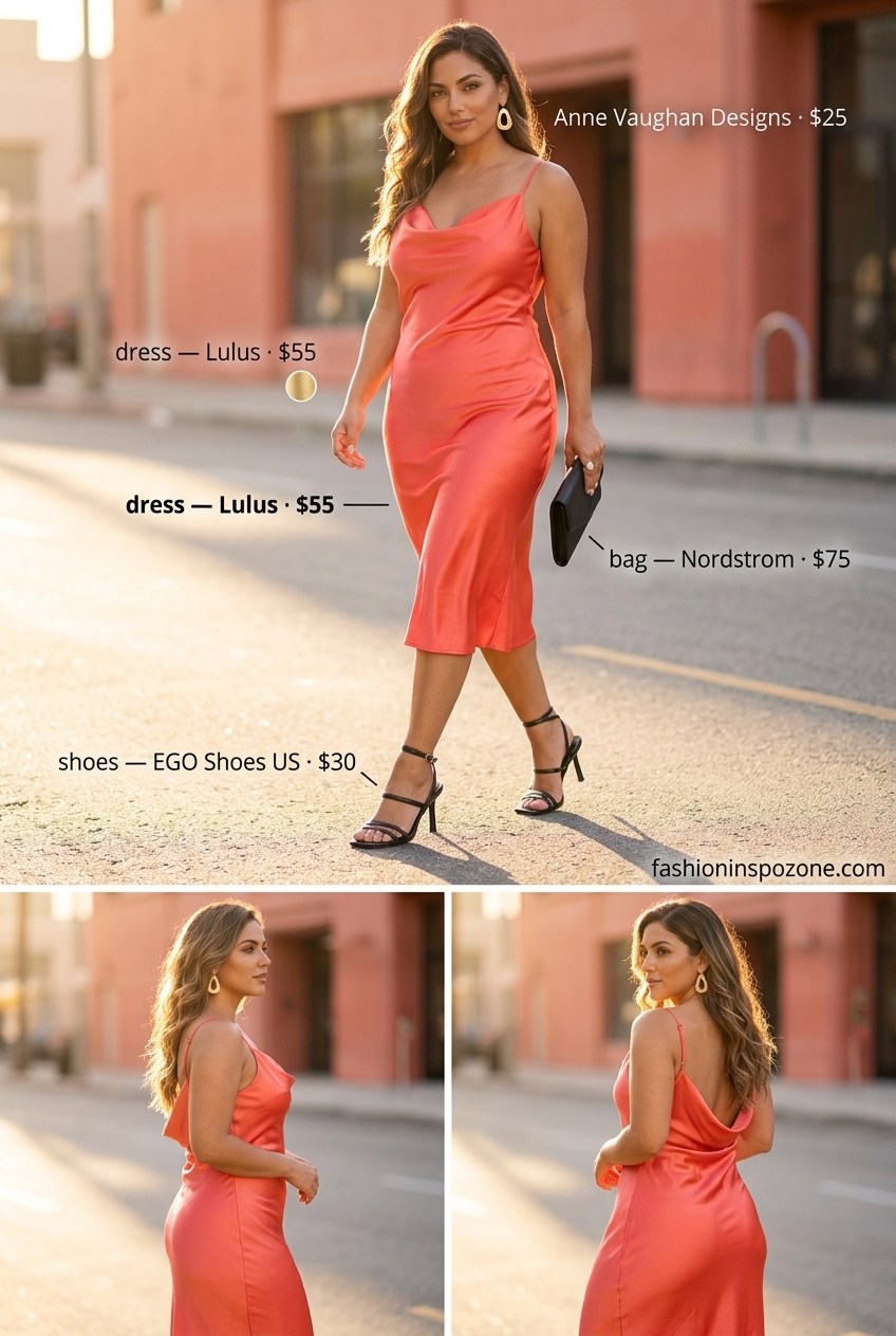 Miami beach summer outfits for women 2026: Coral satin slip dress with black heels and clutch for a glamorous evening.