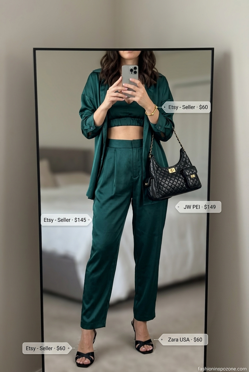 Miami beach summer outfits for women 2026: Emerald green palazzo pants and crop top set with black heels for an evening cruise.