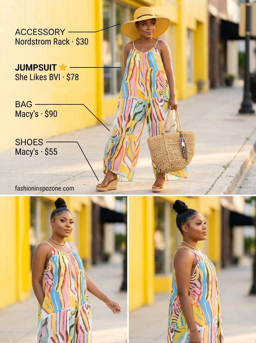 Miami beach summer outfits for women 2026: Tropical print wide-leg jumpsuit with straw hat and espadrille wedges for vacation.