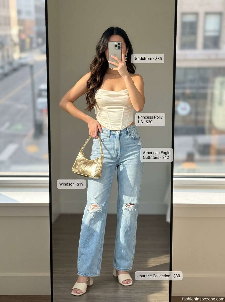 Oversized summer streetwear for women 2026: Light wash baggy jeans, cream corset top, gold bag, nude mules.