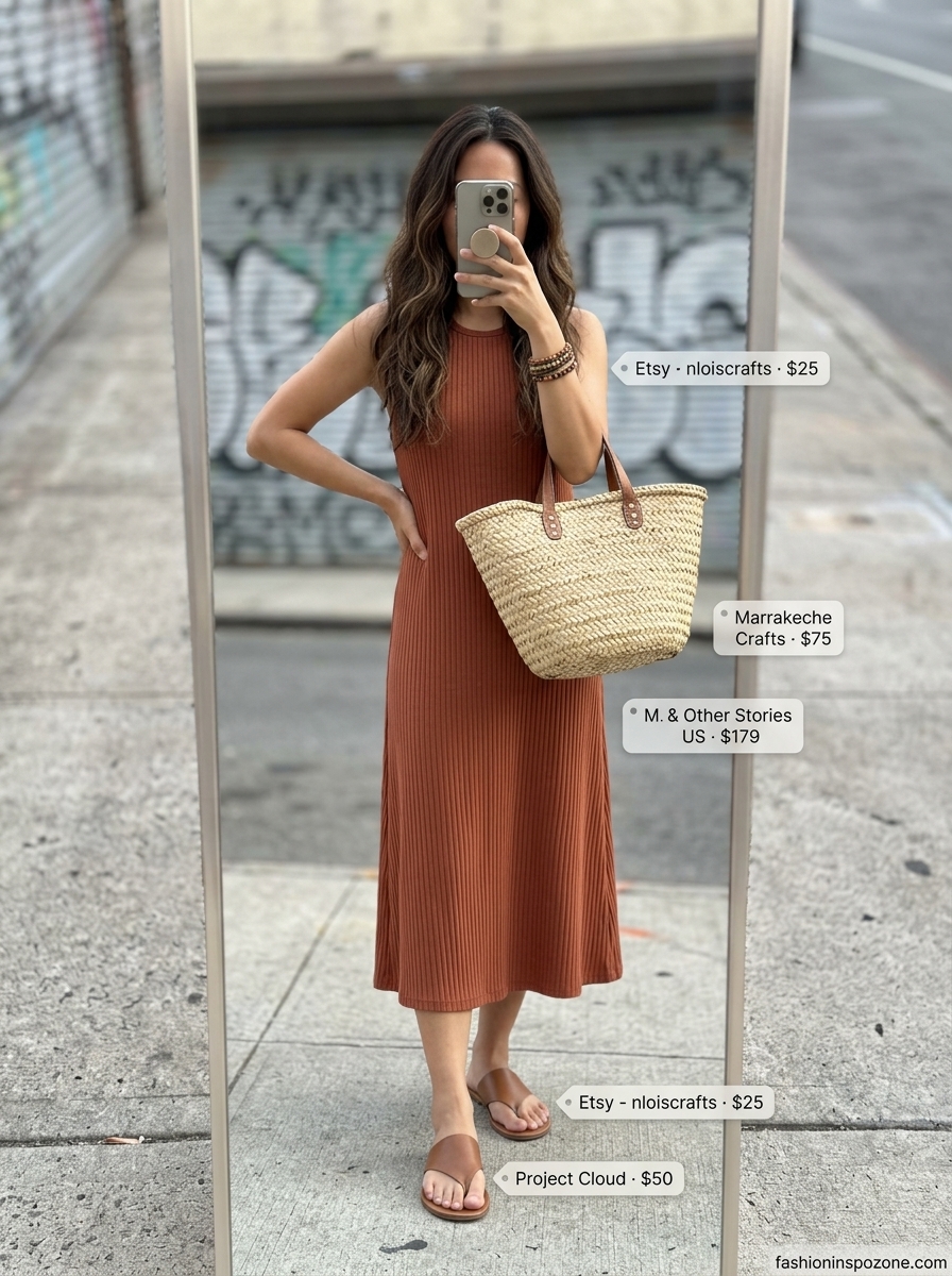 Oversized summer streetwear for women 2026: Terracotta knit midi dress, tan sandals, and woven tote for an earthy, artistic vibe.