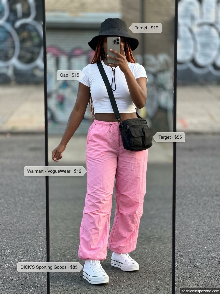 Oversized summer streetwear for women 2026: Bubblegum pink parachute pants, white crop top, and platform sneakers for a playful look.
