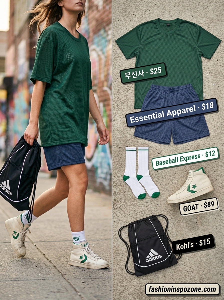 Oversized summer streetwear for women 2026: Navy basketball shorts, green jersey, and white sneakers for a sporty, cool vibe.