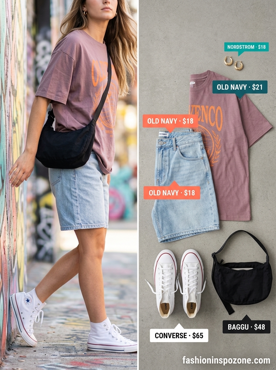 Oversized summer streetwear for women 2026: Light wash denim shorts, bright orange graphic tee, white sneakers, silver hoops.