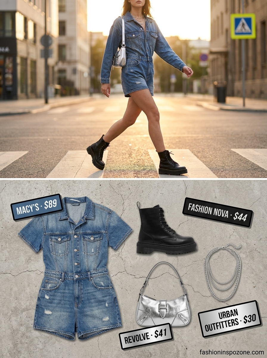 Oversized summer streetwear for women 2026: Denim romper, combat boots, and silver bag for an edgy, glamorous festival look.