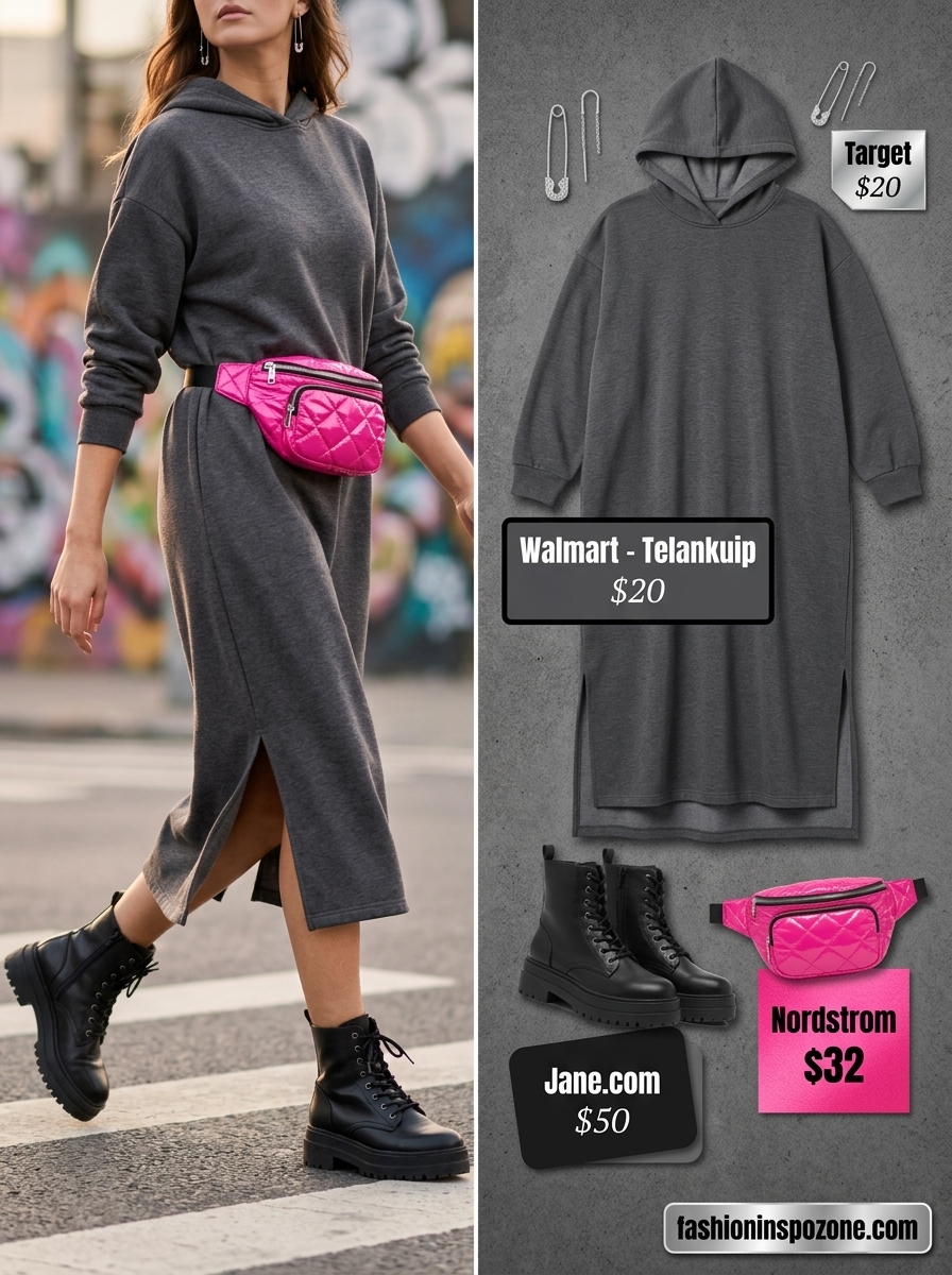 Oversized summer streetwear for women 2026: Charcoal hoodie dress, hot pink belt bag, fishnet tights, black combat boots.